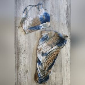 Mezzan NE Tie-Dye Midi Skirt Set in Blue and Brown
